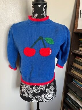 Forever 21 Royal Blue Knit Sweater with Red Cherry Appliqué